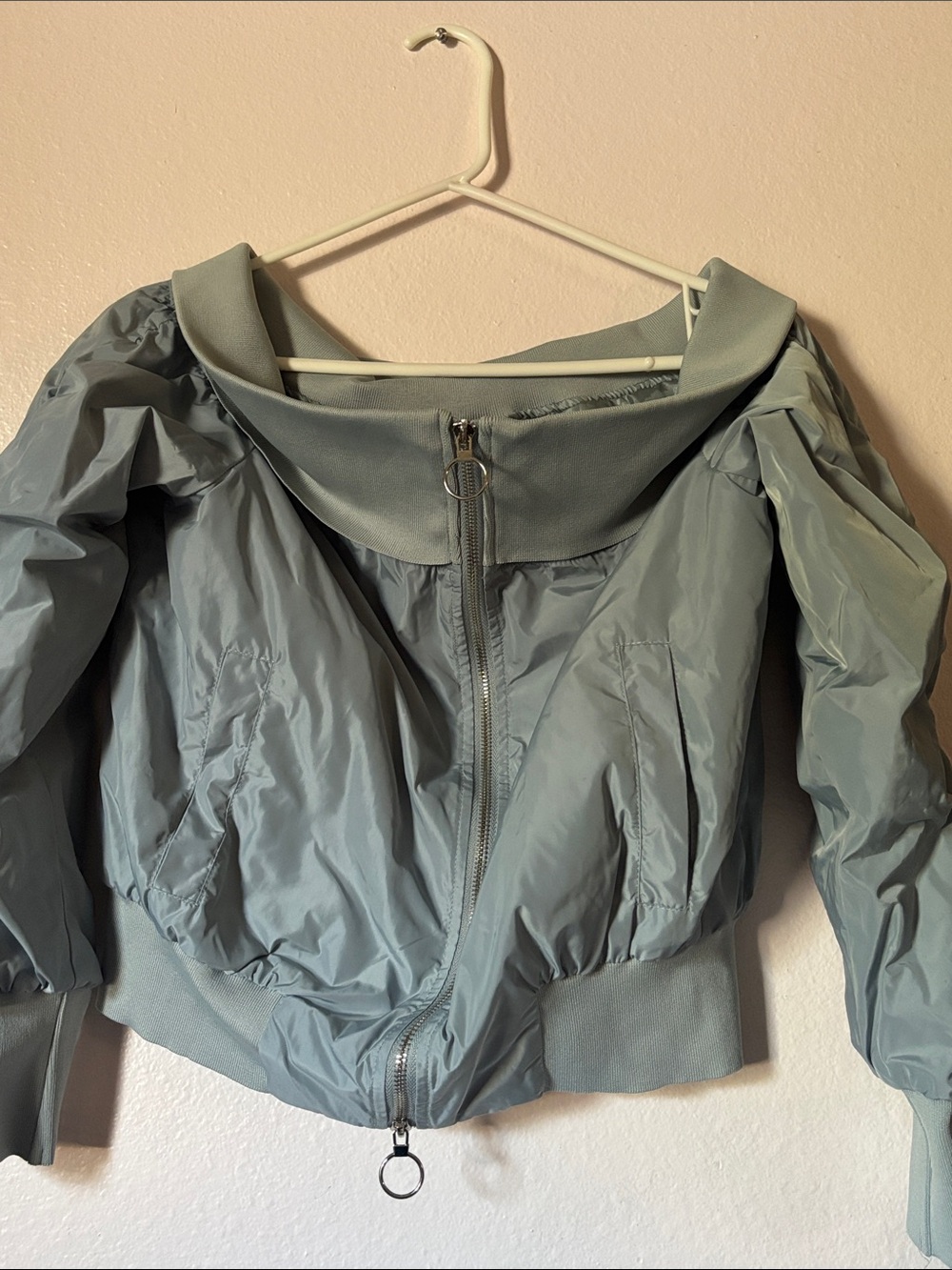 Womans Blue, Satin Lined, Off the Shoulder Bomber Jacket. Size S/M, NWT